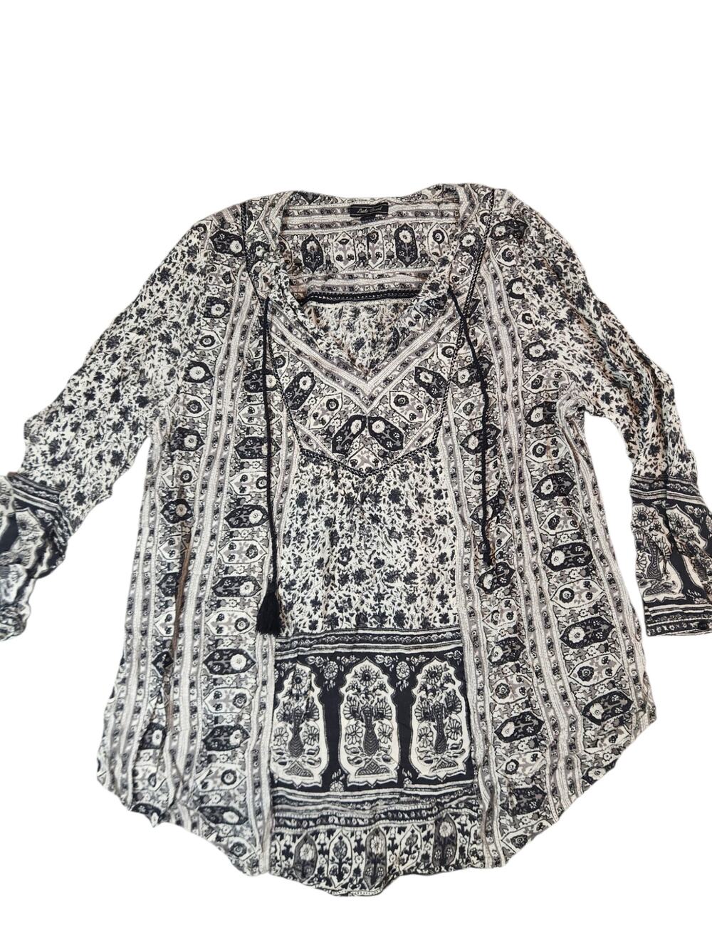 Lucky Brand Boho Peasant Blouse Women's Large Black Ivory Paisley Floral Tassel